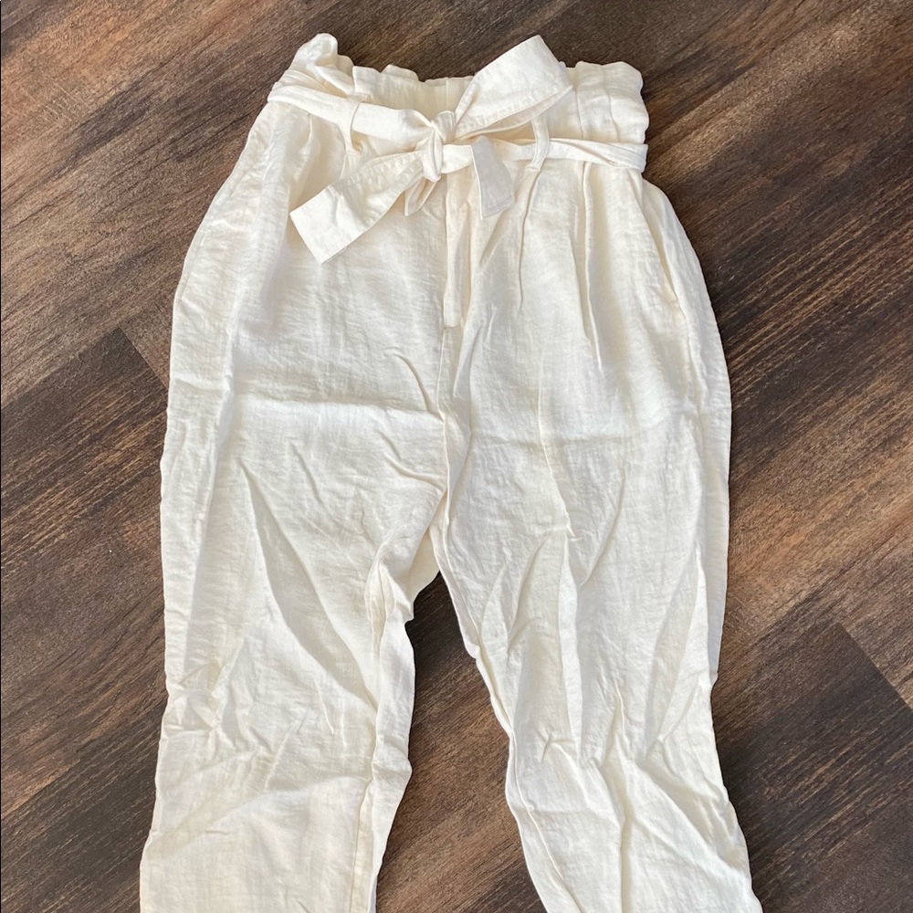Cream linen paper bag waist joggers